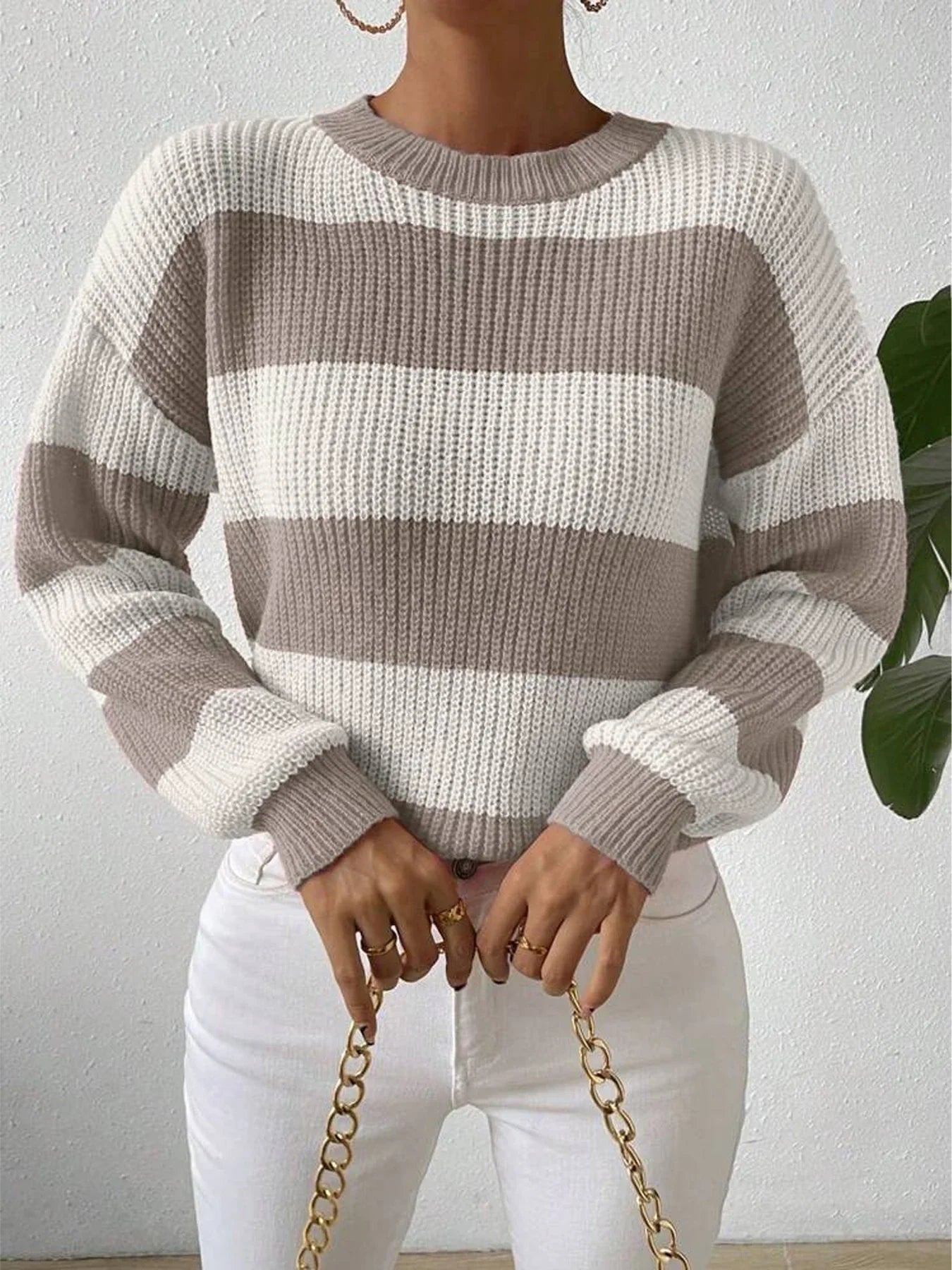 Women's Stripe Knit Sweater Crew Neck Dropped Shoulder – Casual Fall