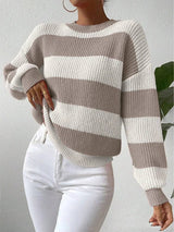 Women's Stripe Knit Sweater Crew Neck Dropped Shoulder – Casual Fall