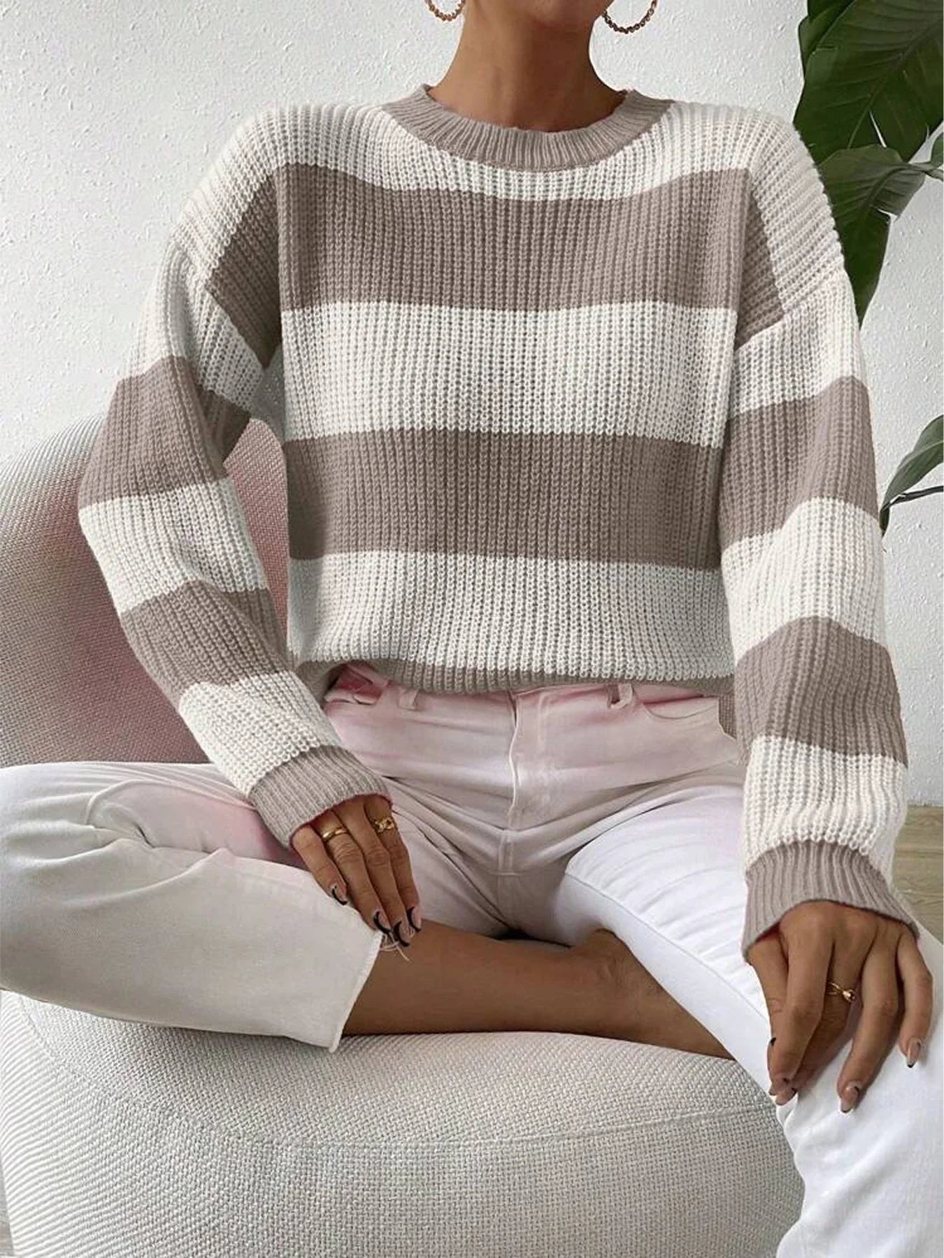 Women's Stripe Knit Sweater Crew Neck Dropped Shoulder – Casual Fall