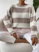 Women's Stripe Knit Sweater Crew Neck Dropped Shoulder – Casual Fall