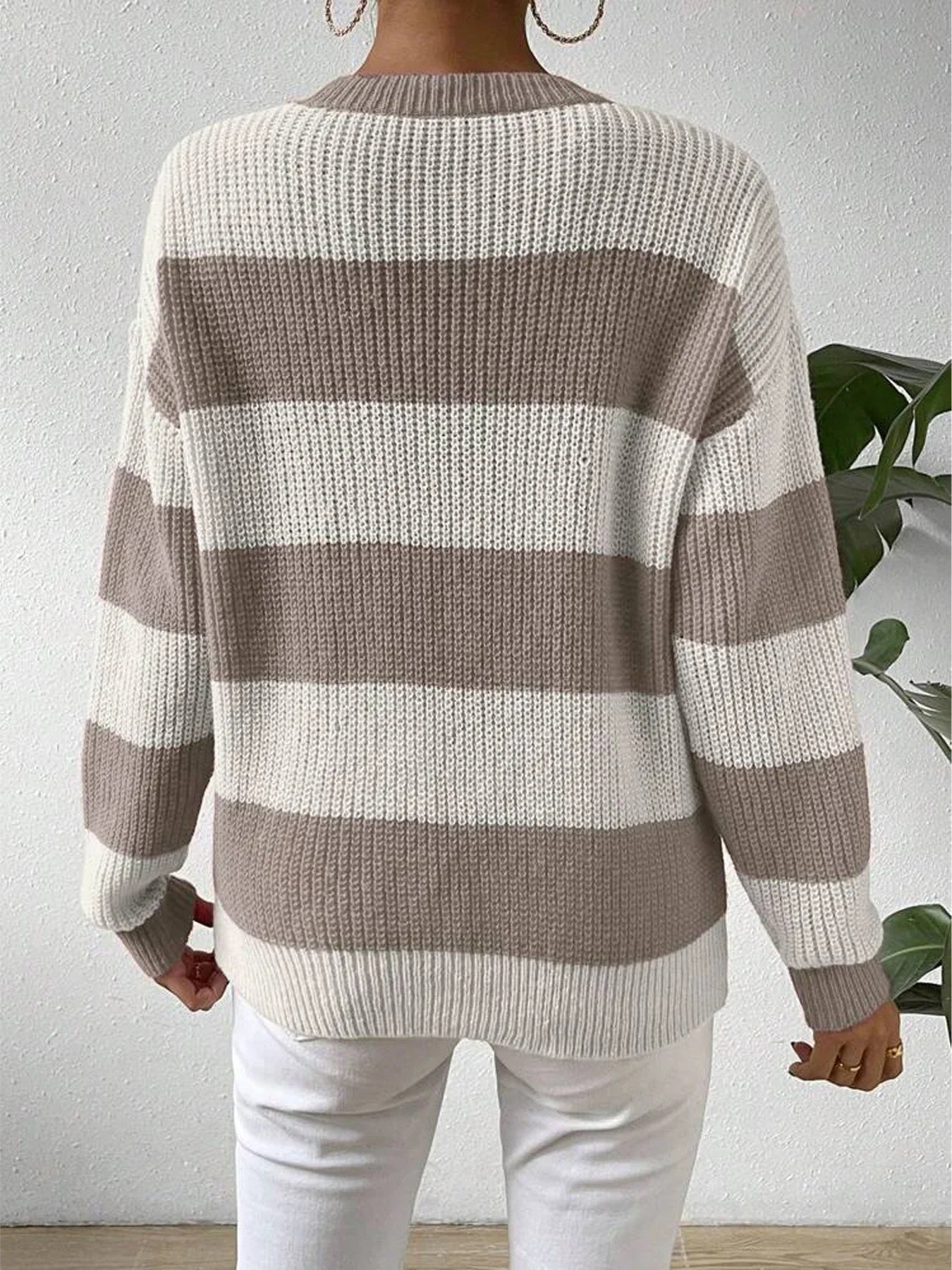 Women's Stripe Knit Sweater Crew Neck Dropped Shoulder – Casual Fall