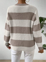 Women's Stripe Knit Sweater Crew Neck Dropped Shoulder – Casual Fall