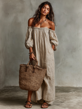 Women's Stripe Maxi Dress Off Shoulder Puff Sleeve – Beach Vacation