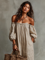 Women's Stripe Maxi Dress Off Shoulder Puff Sleeve – Beach Vacation
