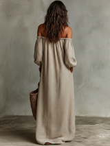Women's Stripe Maxi Dress Off Shoulder Puff Sleeve – Beach Vacation