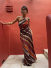 Women's Striped Maxi Dress Asymmetric Neck Draped Waist – Wedding Guest