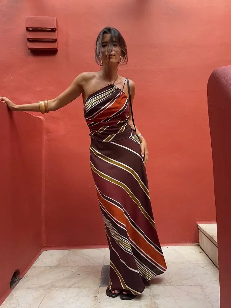 Women's Striped Maxi Dress Asymmetric Neck Draped Waist – Wedding Guest