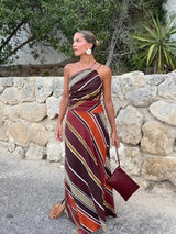 Women's Striped Maxi Dress Asymmetric Neck Draped Waist – Wedding Guest