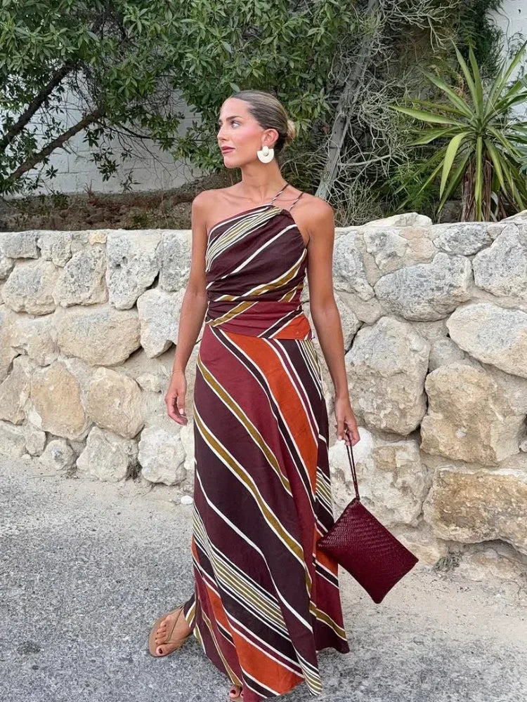 Women's Striped Maxi Dress Asymmetric Neck Draped Waist – Wedding Guest