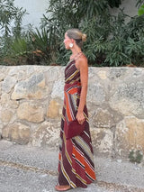 Women's Striped Maxi Dress Asymmetric Neck Draped Waist – Wedding Guest