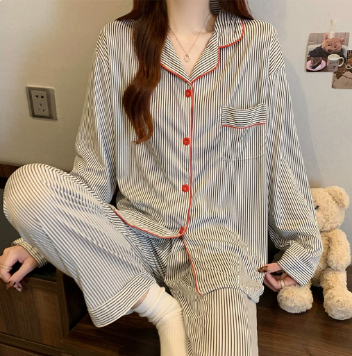 Women's Striped Pajama Set Button Front Long Sleeve Pants – Loungewear