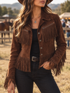 Women’s Suede Jacket Fringe Trim Button Front Zip Chest Pockets – Ranch Gatherings