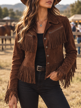 Women’s Suede Jacket Fringe Trim Button Front Zip Chest Pockets – Ranch Gatherings