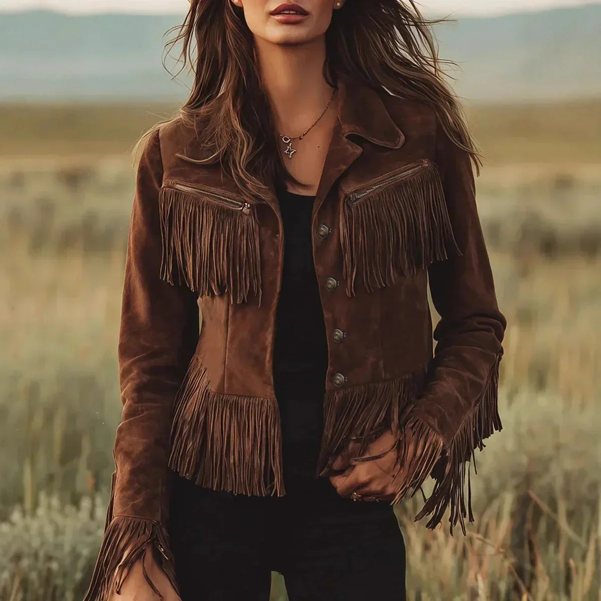 Women’s Suede Jacket Fringe Trim Button Front Zip Chest Pockets – Ranch Gatherings