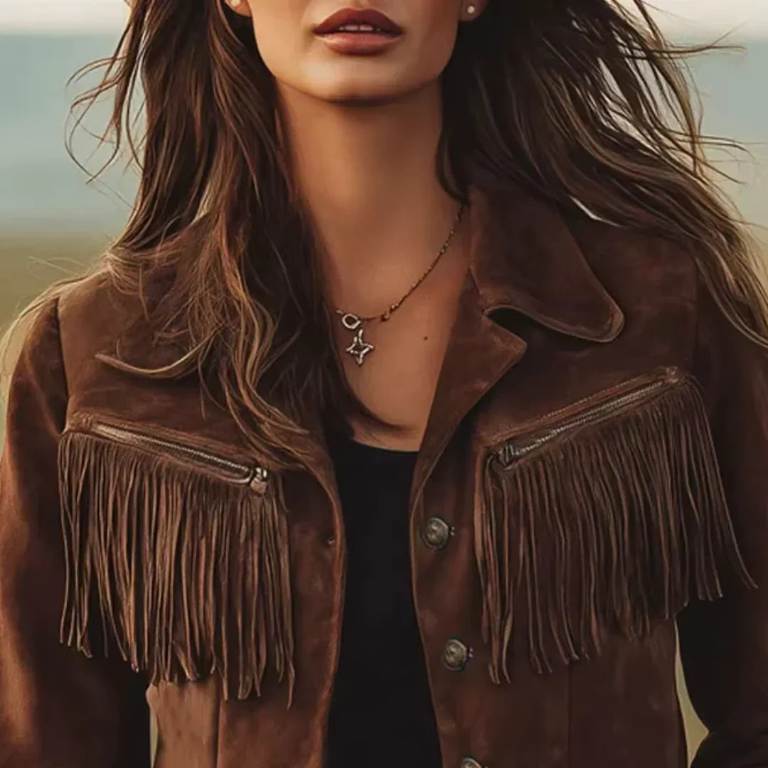 Women’s Suede Jacket Fringe Trim Button Front Zip Chest Pockets – Ranch Gatherings