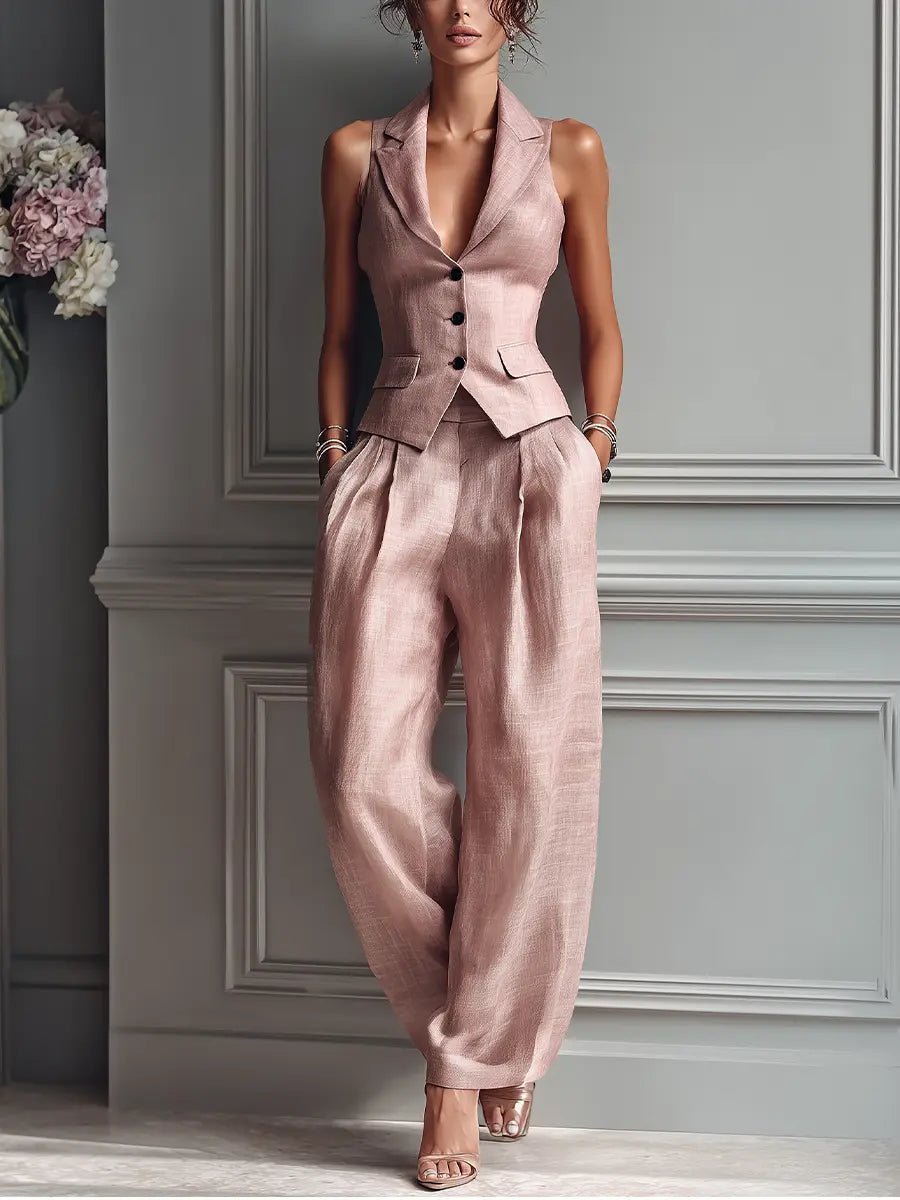 Women's Suit Set Sleeveless Notched Lapel Wide Leg Pants – Business Lunch