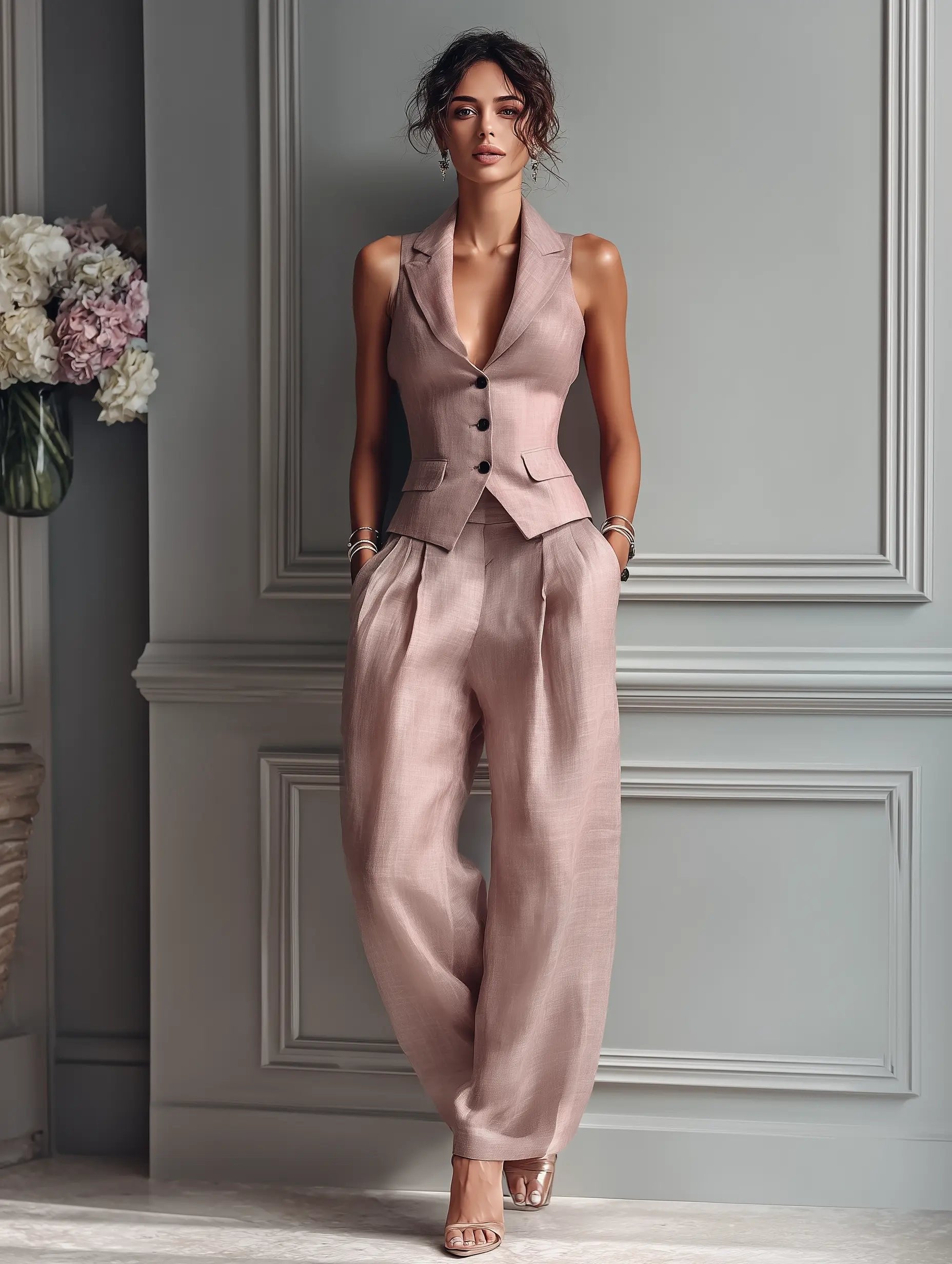 Women's Suit Set Sleeveless Notched Lapel Wide Leg Pants – Business Lunch