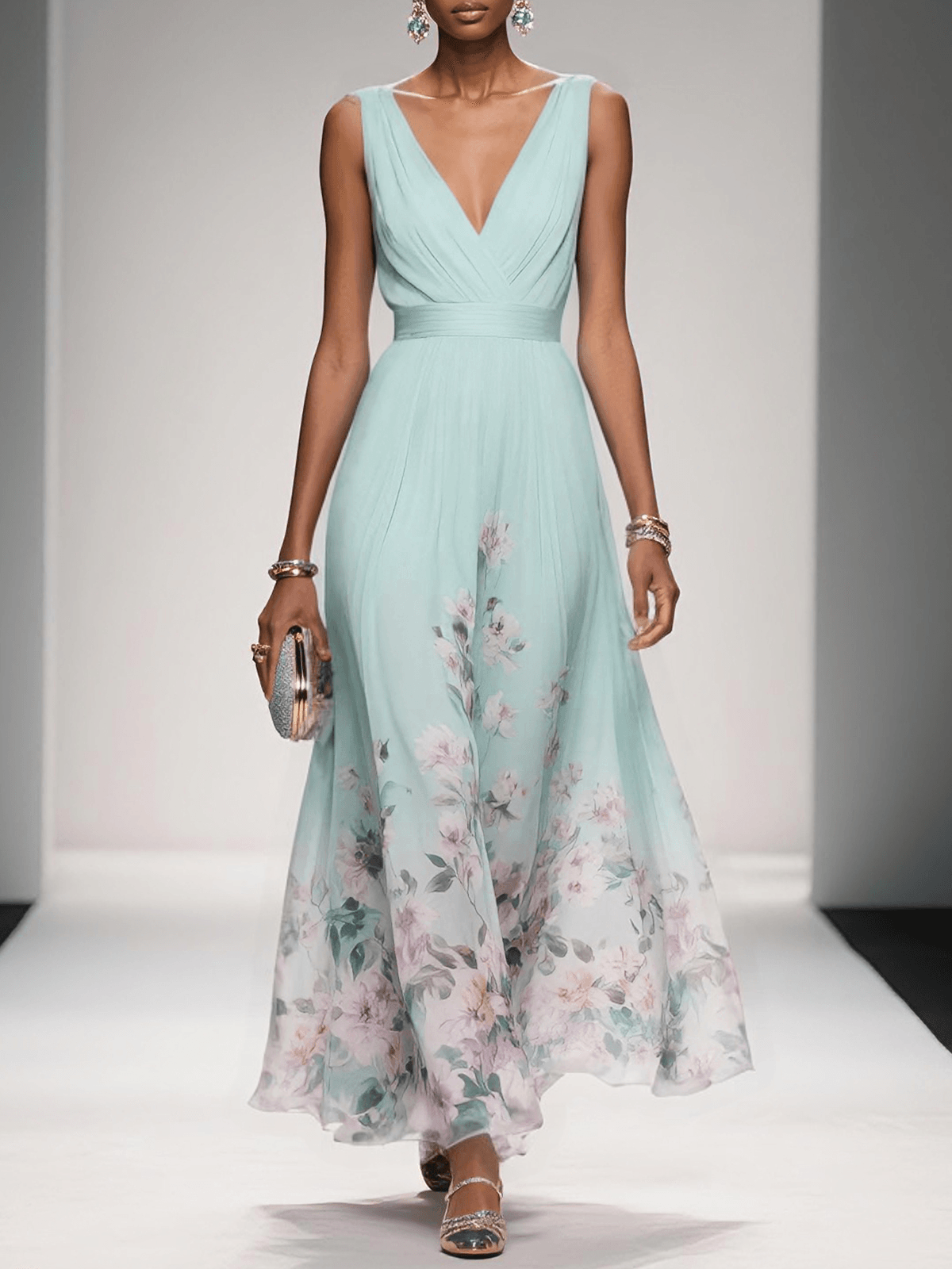 Women's Summer Maxi Dress Floral V-Neck Sleeveless – Wedding Guest