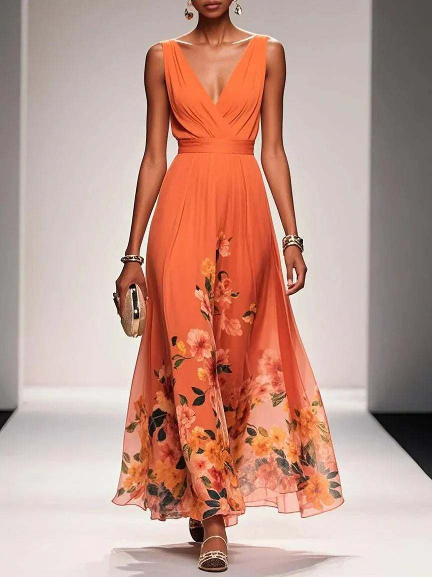 Women's Summer Maxi Dress Floral V-Neck Sleeveless – Wedding Guest