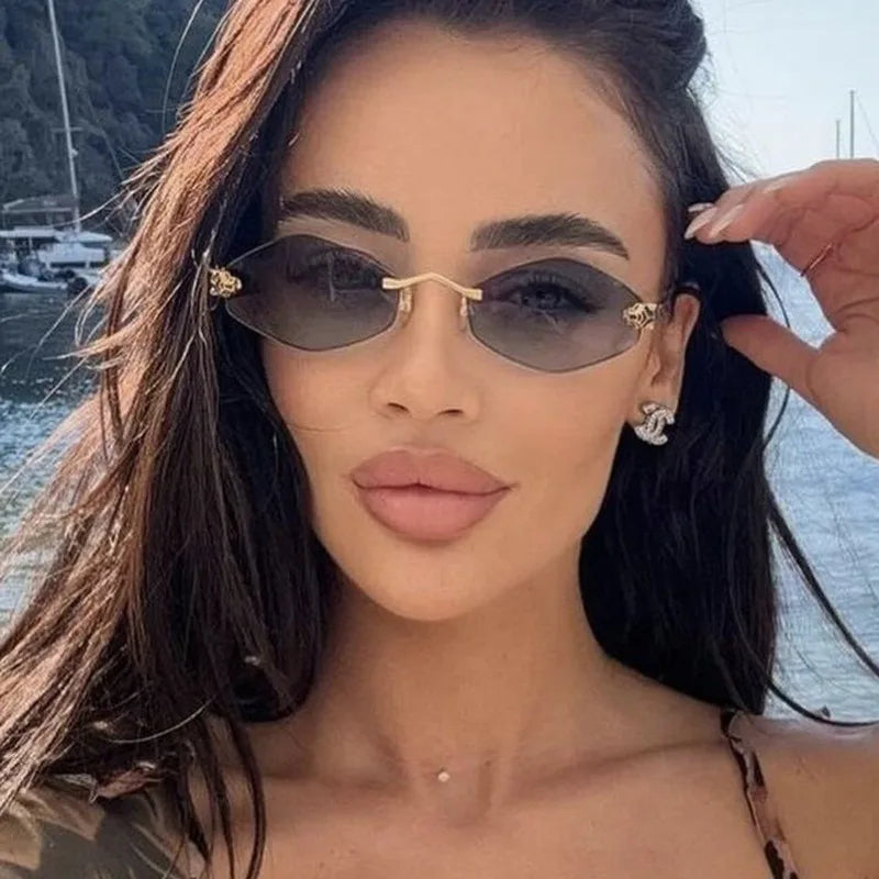 Women's Sunglasses Rimless Geometric Oval Tinted Lens – Beach Vacation