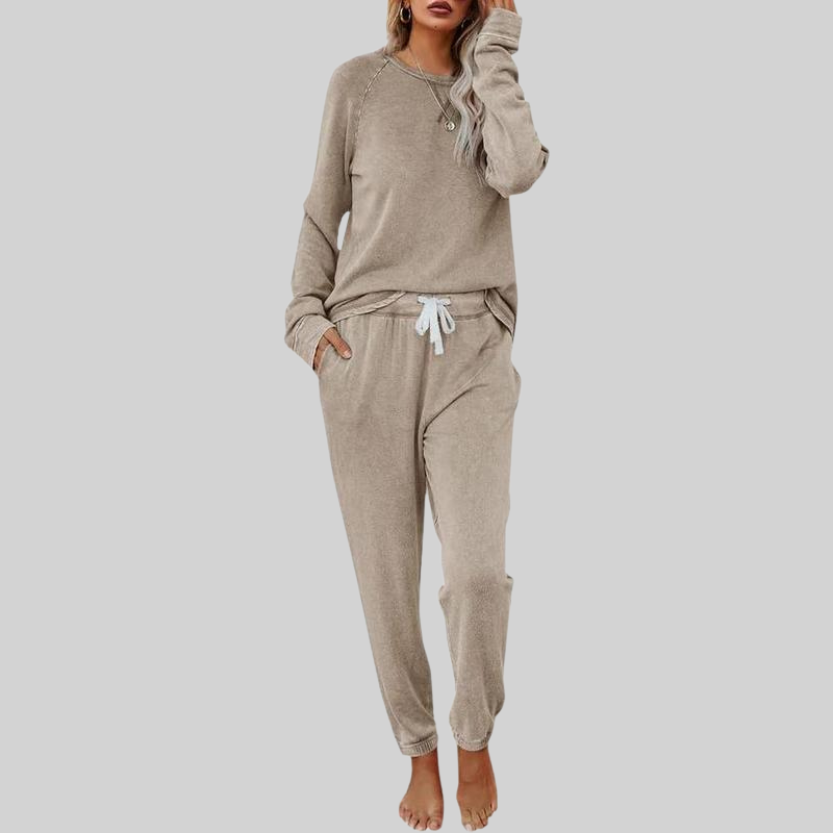 Women's Sweat Set Long Sleeve Round Neck Drawstring Pants – Coffee Run