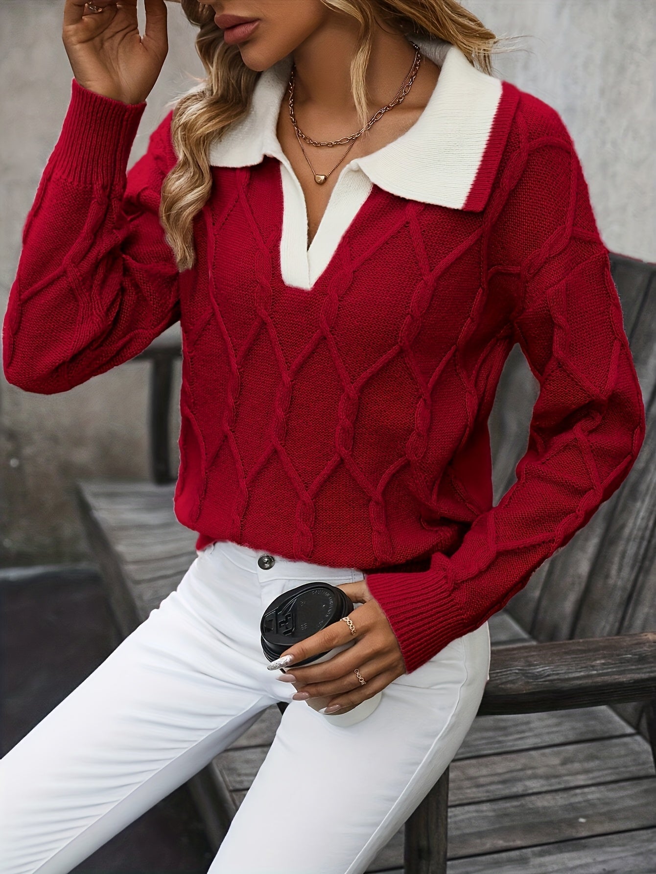 Women's Sweater Cable Knit Foldover Collar Long Sleeve – Weekend Brunch
