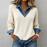 Women's Sweater Denim Collar Ribbed Long Sleeve Button Placket – Coffee Meetup