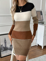 Women’s Sweater Dress Round Neck Color Block Long Sleeves Ribbed Trim – Family Gatherings