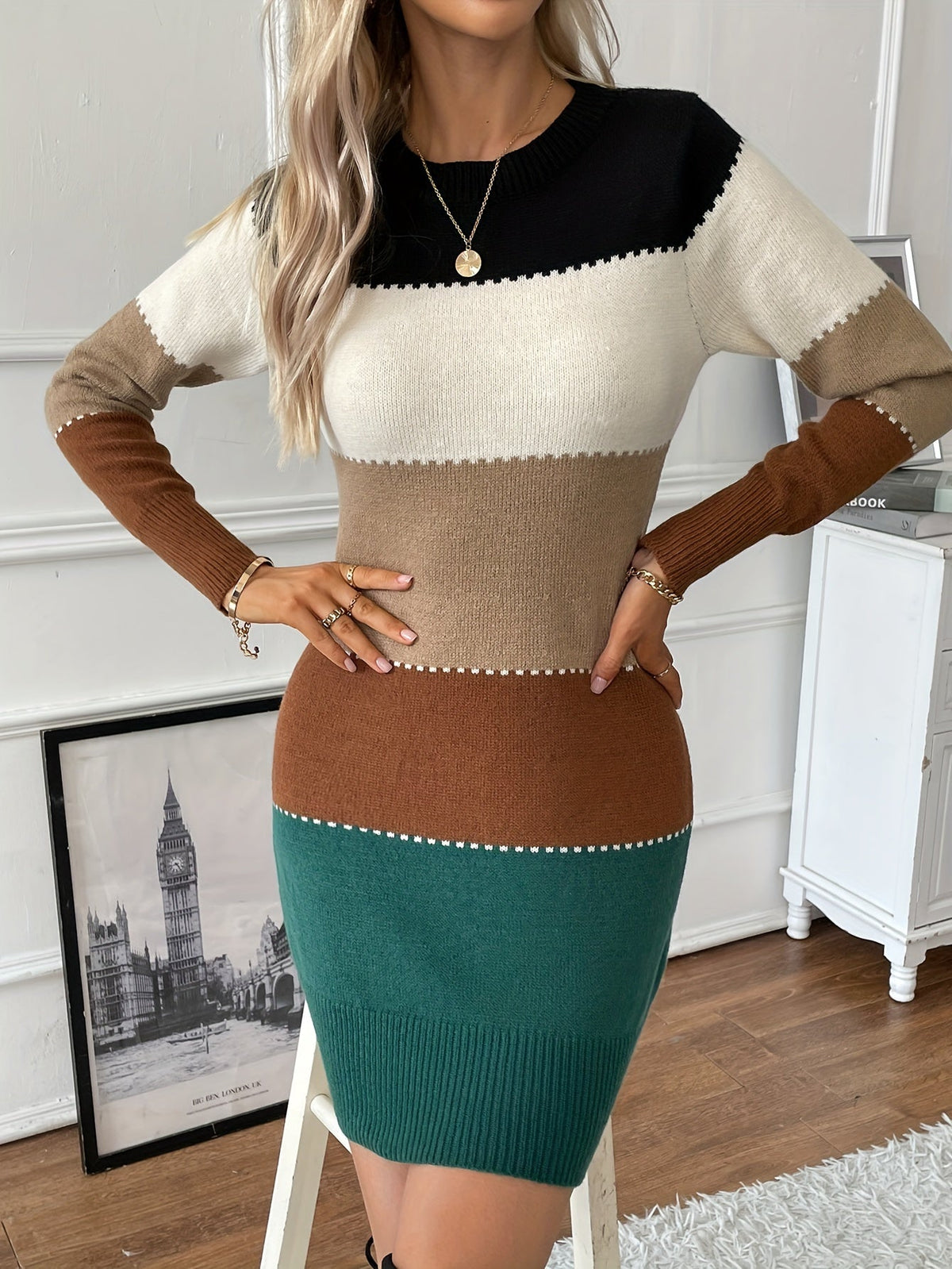 Women’s Sweater Dress Round Neck Color Block Long Sleeves Ribbed Trim – Family Gatherings