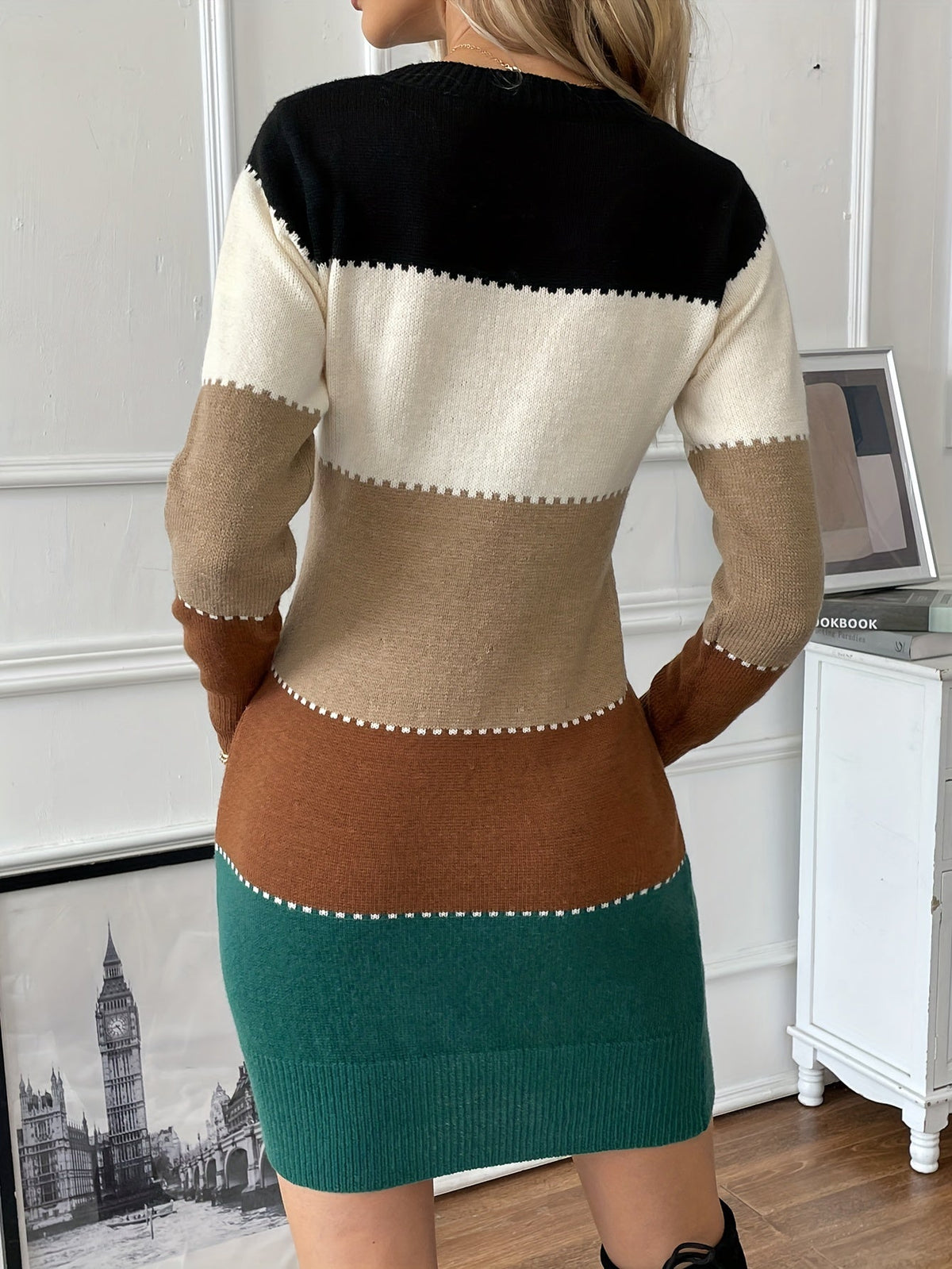 Women’s Sweater Dress Round Neck Color Block Long Sleeves Ribbed Trim – Family Gatherings