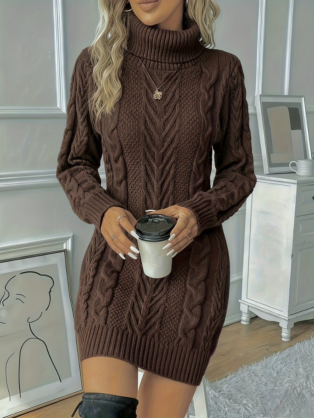 Women’s Sweater Dress Turtleneck Cable-Knit Long Sleeves – Weekend Coffee Dates