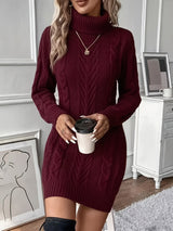Women’s Sweater Dress Turtleneck Cable-Knit Long Sleeves – Weekend Coffee Dates