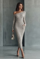 Women’s Sweater Maxi Dress Asymmetrical Neckline Long Sleeves Ribbed Knit – Gallery Evenings