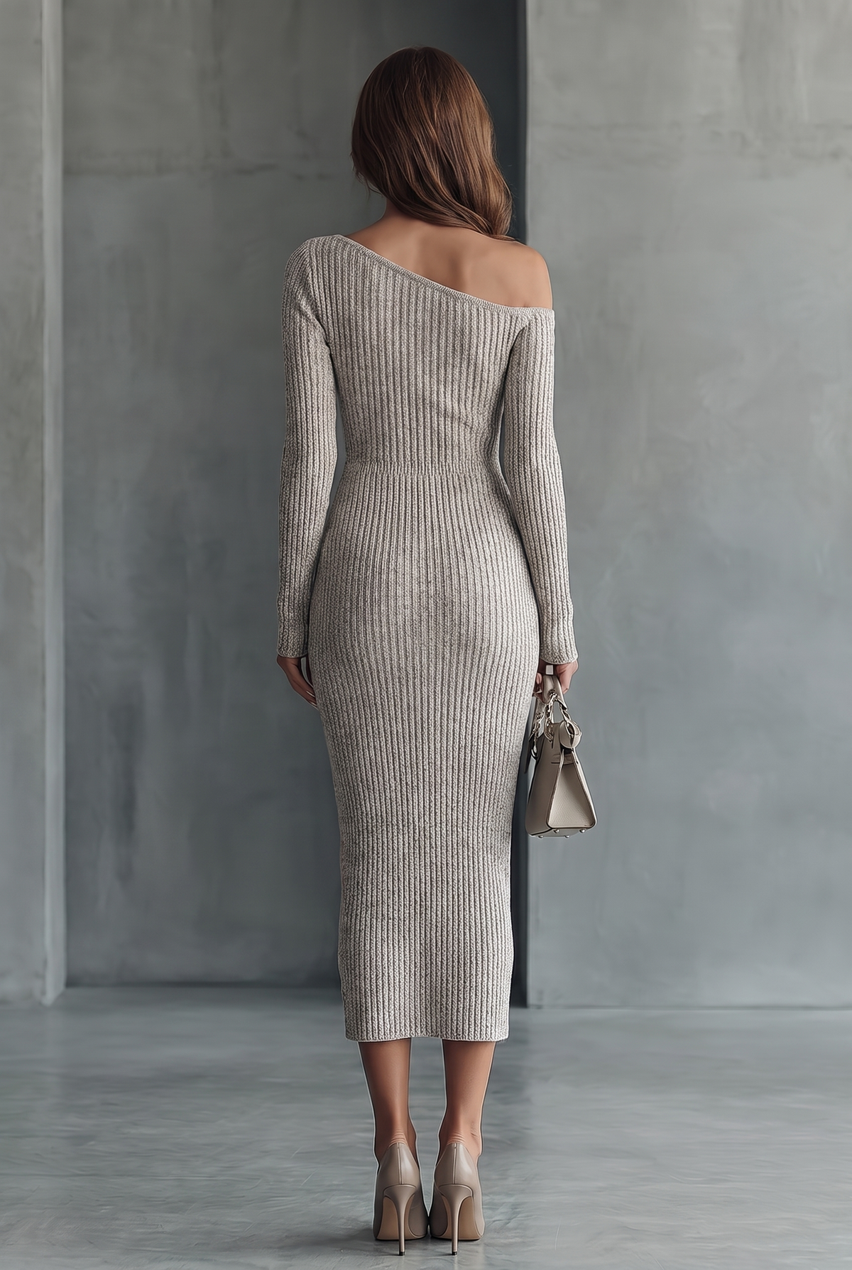 Women’s Sweater Maxi Dress Asymmetrical Neckline Long Sleeves Ribbed Knit – Gallery Evenings