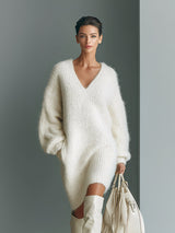 Women’s Sweater Mini Dress V-Neck Long Sleeves Textured Knit – Brunch Dates