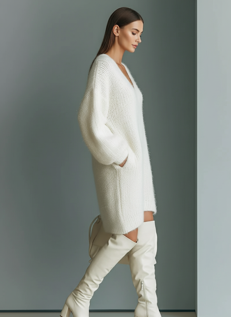 Women’s Sweater Mini Dress V-Neck Long Sleeves Textured Knit – Brunch Dates
