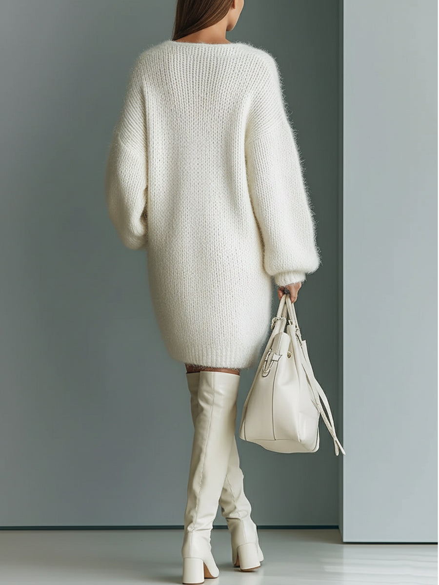 Women’s Sweater Mini Dress V-Neck Long Sleeves Textured Knit – Brunch Dates