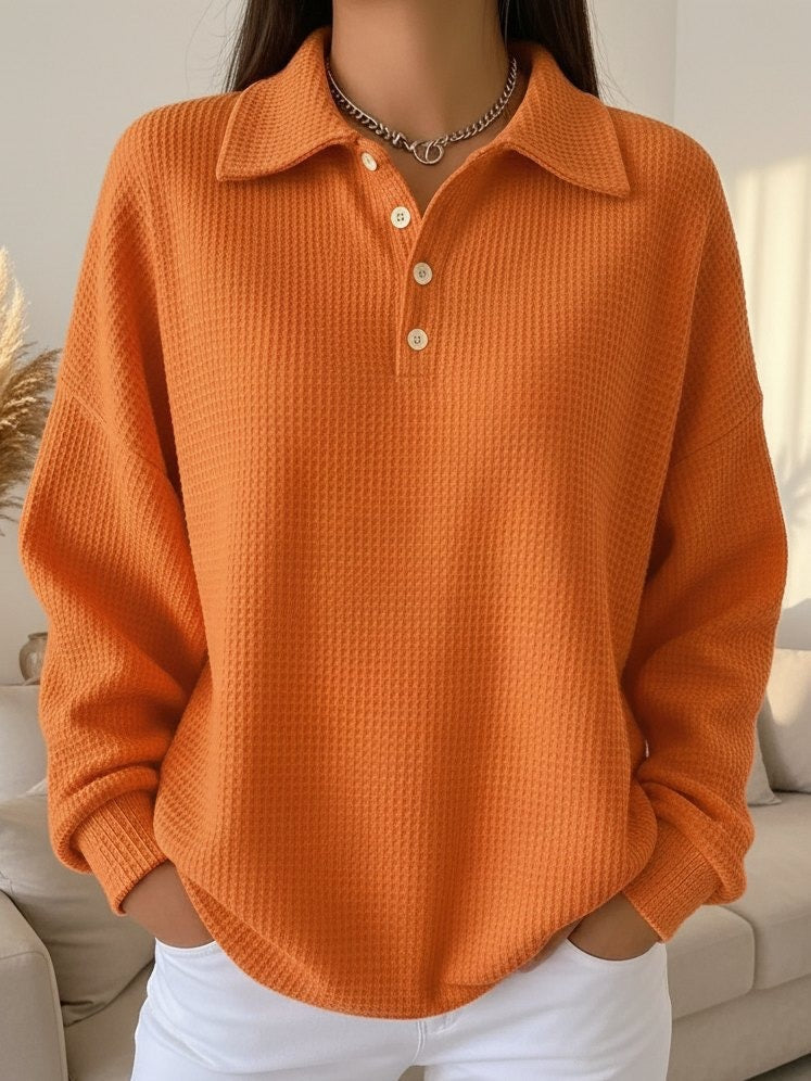 Women’s Sweater Polo Collar Button Placket Textured Knit Long Sleeves – Weekend Brunches