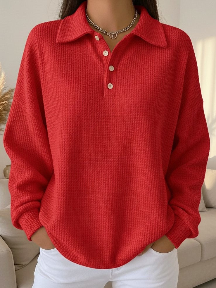 Women’s Sweater Polo Collar Button Placket Textured Knit Long Sleeves – Weekend Brunches