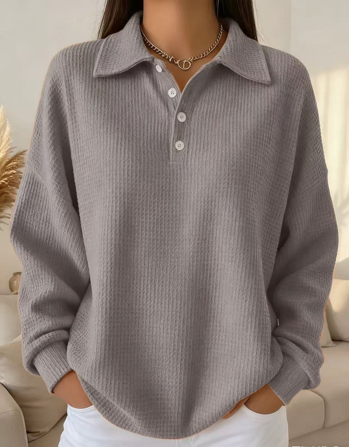 Women’s Sweater Polo Collar Button Placket Textured Knit Long Sleeves – Weekend Brunches