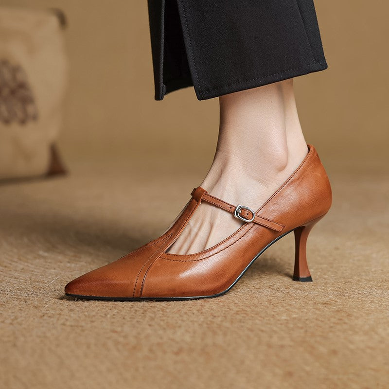 Women's T-Strap Pumps Pointed Toe Kitten Heel Buckle Strap – Work Event