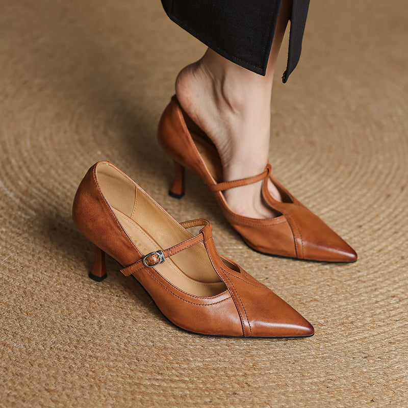 Women's T-Strap Pumps Pointed Toe Kitten Heel Buckle Strap – Work Event