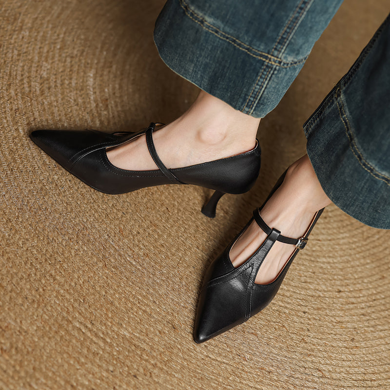 Women's T-Strap Pumps Pointed Toe Kitten Heel Buckle Strap – Work Event