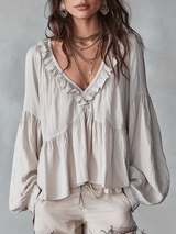 Women's Tiered Blouse Ruffle V Neck Gathered Balloon Sleeve – Day Trip