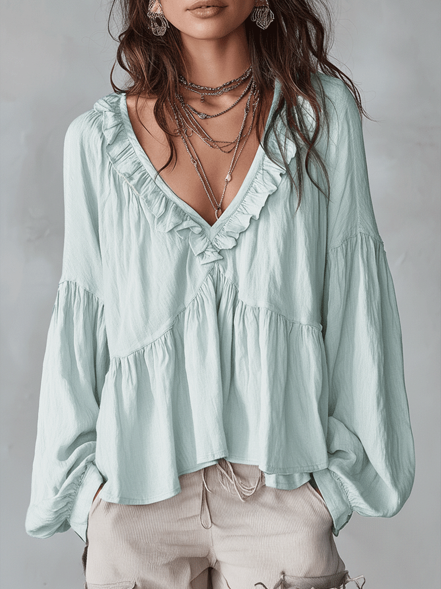 Women's Tiered Blouse Ruffle V Neck Gathered Balloon Sleeve – Day Trip