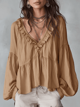Women's Tiered Blouse Ruffle V Neck Gathered Balloon Sleeve – Day Trip