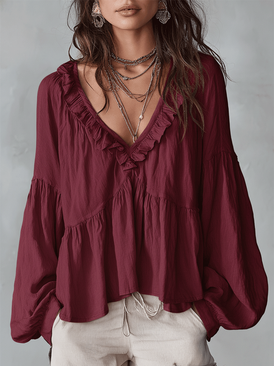 Women's Tiered Blouse Ruffle V Neck Gathered Balloon Sleeve – Day Trip