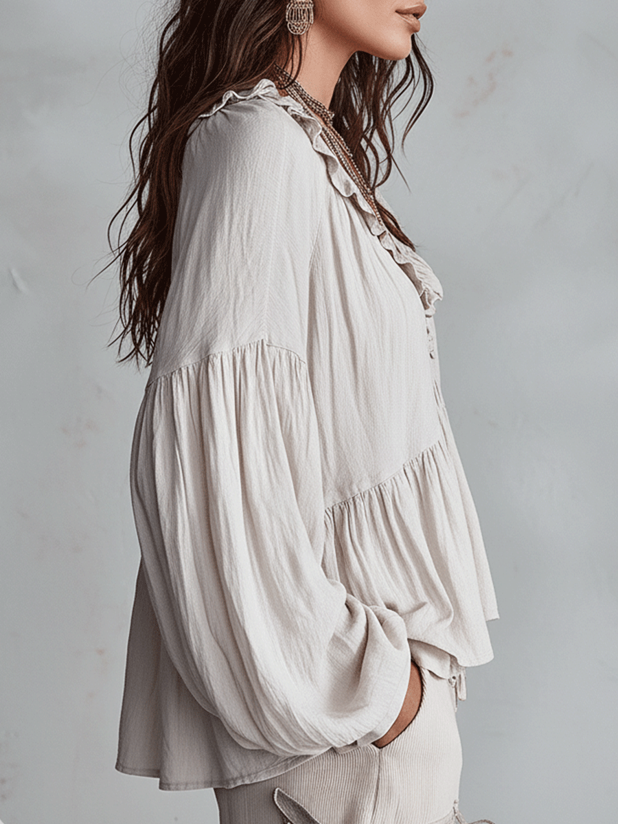 Women's Tiered Blouse Ruffle V Neck Gathered Balloon Sleeve – Day Trip