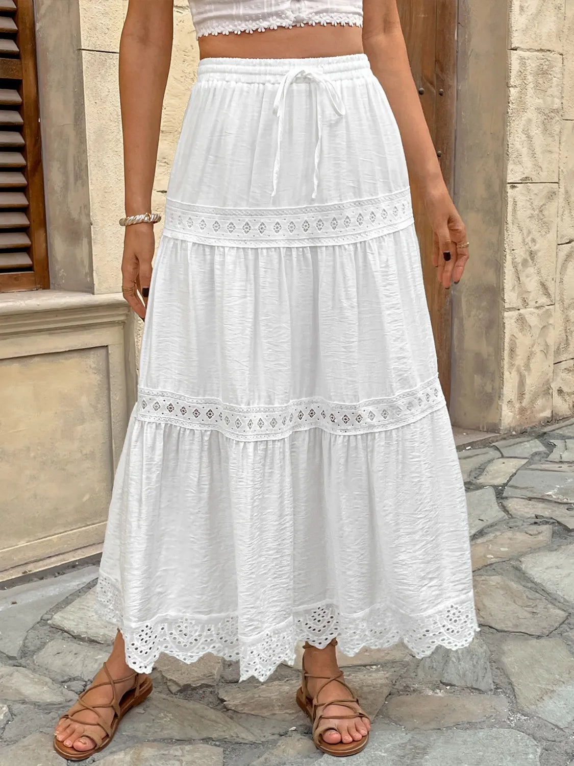 Women's Tiered Maxi Skirt Lace Trim High Waist – Flowy Summer Style