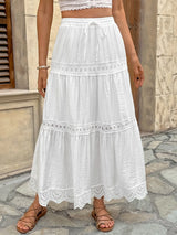 Women's Tiered Maxi Skirt Lace Trim High Waist – Flowy Summer Style